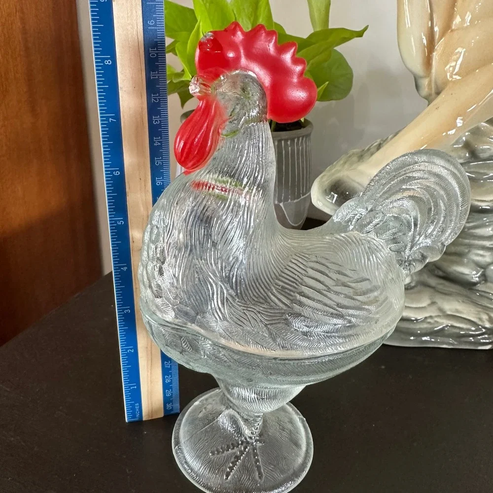 VTG Clear Glass Rooster Candy Dish Red Comb Pedestal Covered Compote Bowl MCM